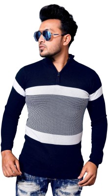 Fashion Kreza Striped Men Polo Neck Dark Blue T-Shirt