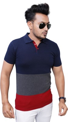 Fashion Kreza Striped Men Polo Neck Dark Blue, Red, Grey T-Shirt