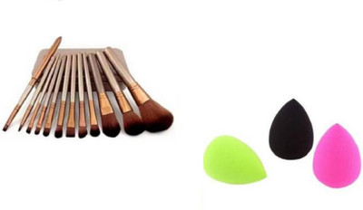SKINPLUS MAKEUP BRUSH 12 WITH BOX WITH 3 BLENDER SPONGE(15 Items in the set)