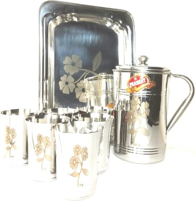 Prabhat Stainless steel lesar flower print jug glass tray for water 8 pcs set. Jug Glass Tray Set(steel)