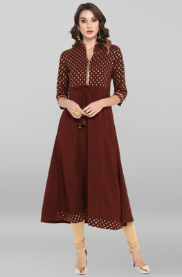 Janasya Women Printed A-line Kurta(Brown)