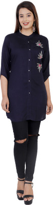 JC4U Casual 3/4 Sleeve Solid Women Blue Top