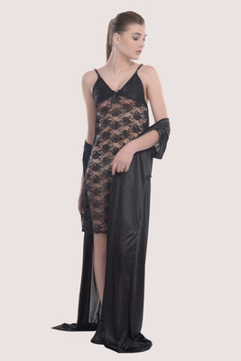 YUALIN CREATION Women Nighty with Robe(Black)