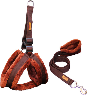 Petshop7 Nylon Dog Harness & Leash Set with Fur Medium (Chest Size - 25-30inch Dog Harness & Leash(Large, Brown)