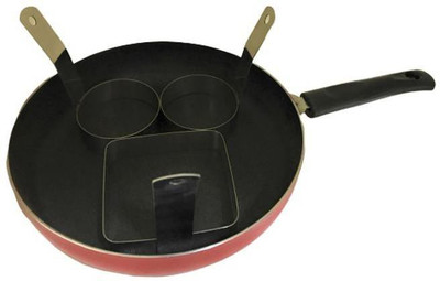 Dynore Non Stick Fry Pan with lid and Stainless Steel 2 round and 1 sqaure egg ring with Handle Fry Pan 17 cm diameter with Lid 2.5 L capacity(Aluminium, Non-stick, Induction Bottom)