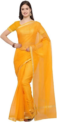 MINE CHOICE Solid/Plain Maheshwari Cotton Blend Saree(Yellow)