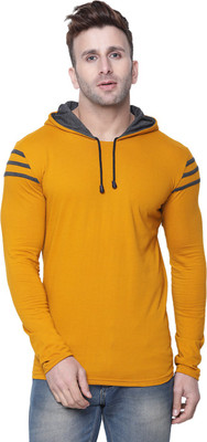 SLOWLORIS Solid Men Hooded Neck Yellow T-Shirt