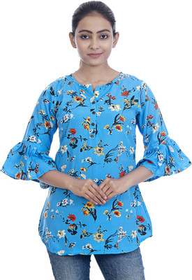 club fashion Casual Bell Sleeve Printed Women Light Blue Top