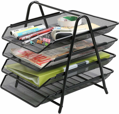 PARYAVARAN 4 Compartments metal file tray(Black)