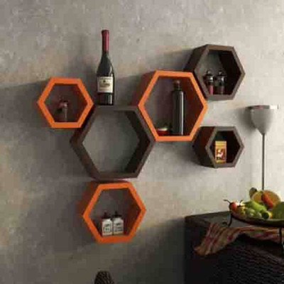 ANTIQUE MART Hexagonal Rack Shelf Wooden Wall Shelf(Number of Shelves - 6, Orange, Brown)