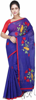 AAHELEE Embroidered Handloom Cotton Linen Saree(Blue)