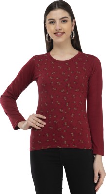 IndiWeaves Printed Women Round Neck Maroon T-Shirt