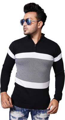 Fashion Kreza Striped Men Polo Neck Black T-Shirt