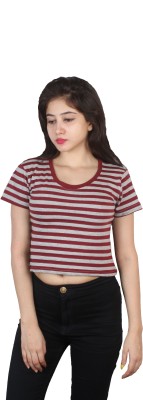 JOLSTER Casual Short Sleeve Striped Women Maroon Top