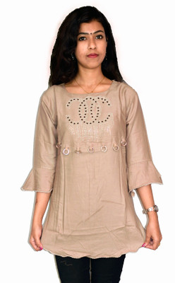 PRIYANKA'S COLLECTION Formal 3/4 Sleeve Solid Women Beige Top