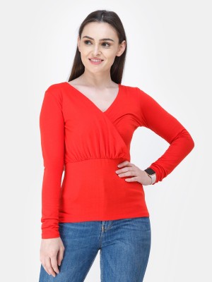 Cation Casual Regular Sleeve Solid Women Red Top