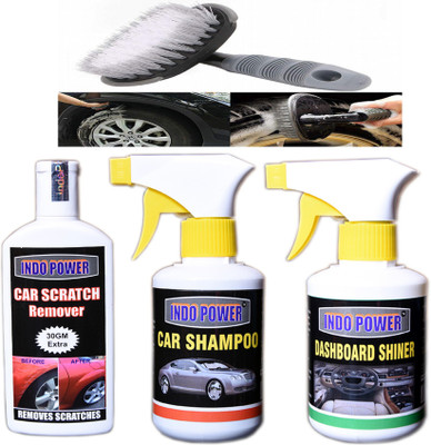 INDOPOWER DASHBOARD SHINER GUN 250ml.+SCRATCH REMOVER 100gm.+ CAR SHAMPOO GUN 250mL.+All Tyre Cleaning Brush Combo