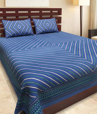 Aadhira Interio 220 TC Cotton King Striped Fitted (Elastic) Bedsheet(Pack of 1, Blue)