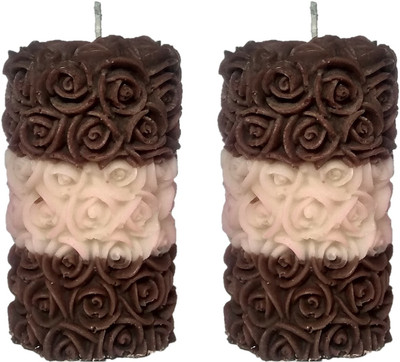 Shraddha Creation Rose Pillar Decorative Scented Designer 3 Layer Smokeless Candle(Brown, Pack of 2)