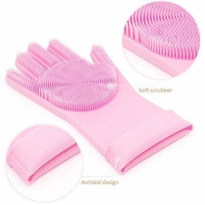Trend TE-Magic Silicone Dish Washing Gloves, Silicon Cleaning Gloves, Silicon Hand Gloves for Kitchen Dishwashing and Pet Grooming Set (Free Size Pack of 2) (PINK) Wet and Dry Glove(Free Size)