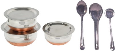 Dynore Set of 3 Copper Bottom Serving Bowls with lids with 3 Serving spoons Cookware Set(Stainless Steel, 6 - Piece)