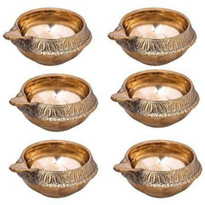 Puja N Pujari Kuber Diya Deepam Akhand Diya for Pooja and Diwali Festival Set of 6 Brass (Pack of 6) Table Diya Set(Height: 1 inch)