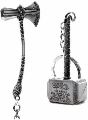 ZYZTA Marvel Avengers Infinity War Thor Axe-Hammer & Mjolnir- Hammer Stormbreaker Silver Metal Keychain & Keyring (Pack of 2) Key Chain