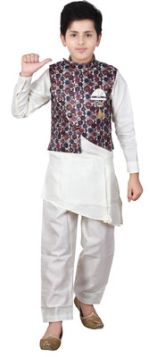 Fourfolds Boys Festive & Party Kurta, Waistcoat and Pyjama Set(Multicolor Pack of 1)