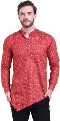 A-Okay Men Self Design Asymmetric Kurta(Red)