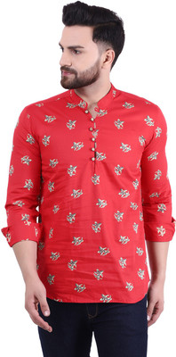 A-Okay Men Self Design Asymmetric Kurta(Red)