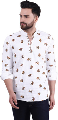 A-Okay Men Self Design Asymmetric Kurta(White)