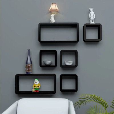 Eco Handicrafts Cube Shape Medium Density Fiber Wall Shelf (Number of Shelves - 6, Black,) Wooden Wall Shelf(Number of Shelves - 6, Black)