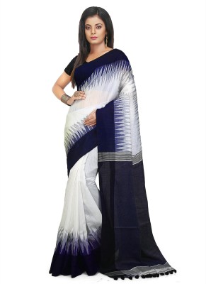 crochetin Woven Handloom Cotton Silk Saree(White, Blue)