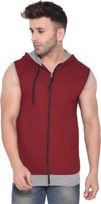 FASHNET Solid Men Hooded Neck Maroon T-Shirt
