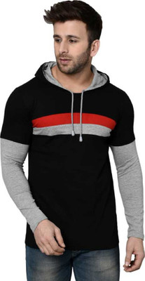 FASHNET Striped Men Hooded Neck Multicolor T-Shirt