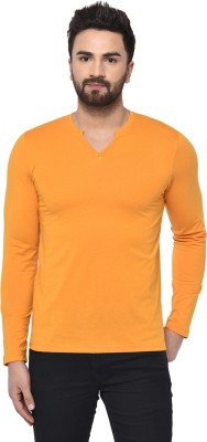 GLITO Solid Men V Neck Yellow T-Shirt