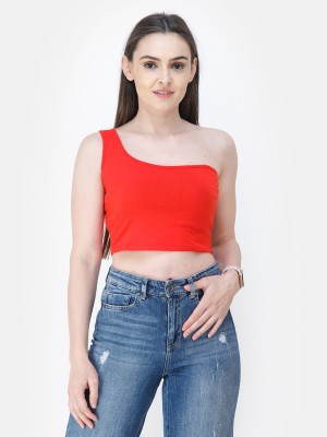 Cation Casual No Sleeve Solid Women Red Top