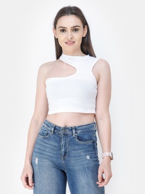 Cation Casual No Sleeve Solid Women White Top