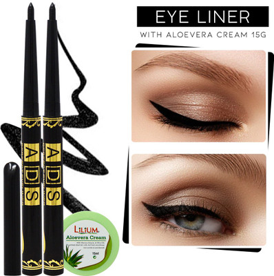 ads Perfect Waterproof Eyeliner Black-0618 Pack of 2 with Lilium Aloevera Cream 4 g(Black)
