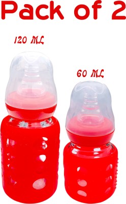 The Little Lookers Glass Feeding Bottle for Newborns/Infants/Babies | With Silicone Warmer Cover ('RED', 60 ML + 120 ML) - 120 ml(Red)