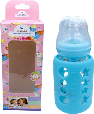 The Little Lookers Glass Feeding Bottle for Newborns/Infants/Babies | With Silicone Warmer Cover ('BLUE', 120 ML) - 120 ml(Blue)