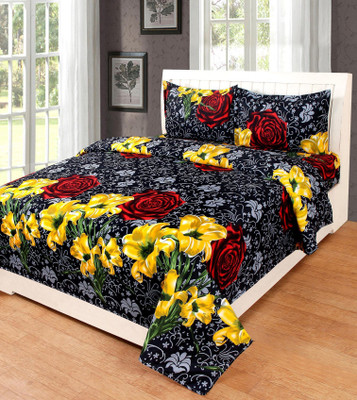 AMAN FAB 150 TC Microfiber Double 3D Printed Flat Bedsheet(Pack of 1, Black)