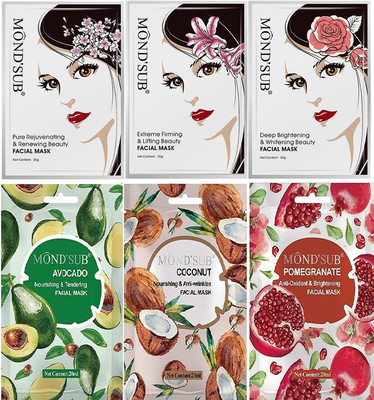 MOND'SUB Firming Brightening & Rejuvenating Facial Sheet mask Combo (Pack of 6)(1 Items in the set)