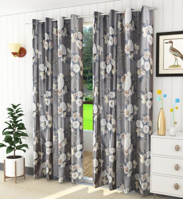 Homefab India 152.4 cm (5 ft) Polyester Room Darkening Window Curtain (Pack Of 2)(Floral, Grey)