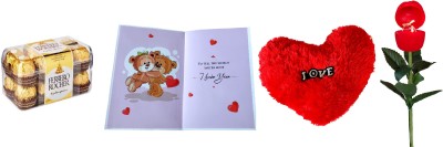 FERRERO ROCHER Valentine Gift For Propose Day | Pack Of 16 Chocolates With 'I Love You' Greeting Card,Red Heart Cushion & Red Flower Shaped Ring Case With 'I Love You' Music Tone & Ring Combo(Greeting card - 1, Ferrero Rocher 16 Chocolate - 1, Love Heart Cushion - 1, Red Rose Flower Ring Case with L