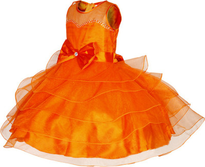 Reem Jheem Girls Midi/Knee Length Festive/Wedding Dress(Orange, Sleeveless)