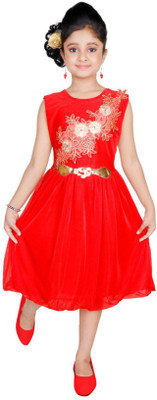 NEROVIN Girls Midi/Knee Length Party Dress(Red, Sleeveless)