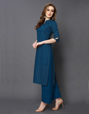 Saara Women Printed, Embellished, Checkered Straight Kurta(Dark Blue)