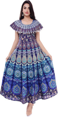 DHRUVI Women Printed Flared Kurta(Blue)