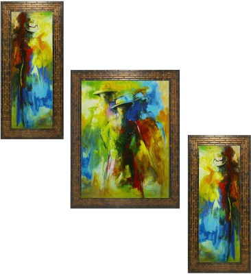 Indianara Set of 3 Abstract People Paintings (1526) Without Glass Digital Reprint 13 inch x 10.2 inch Painting(With Frame, Pack of 3)